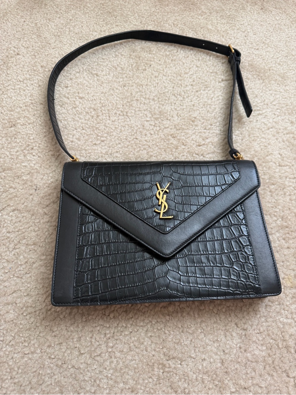 Saint Laurent Black Gaby Envelope Satchel Croc Embossed Leather Shoulder Bag